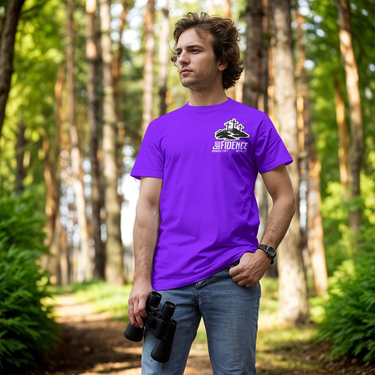 Model wearing a purple God Fidence T-shirt by Driven By Light outdoors